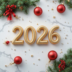 Christmas composition with “2026” text surrounded by fir branches, ornaments, and holiday decor — perfect for festive prints and design