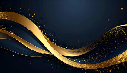 Elegant gold wave ribbons on dark blue background, luxury design, abstract art