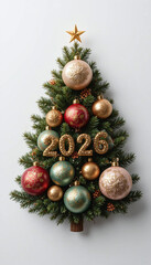 “2026” inscription beautifully placed on a decorated Christmas tree among ornaments and lights, perfect for festive prints and holiday projects