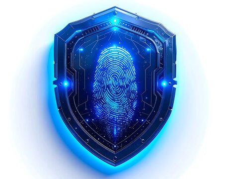 A glowing, futuristic blue shield features an illuminated fingerprint at the center, symbolizing digital security and authentication