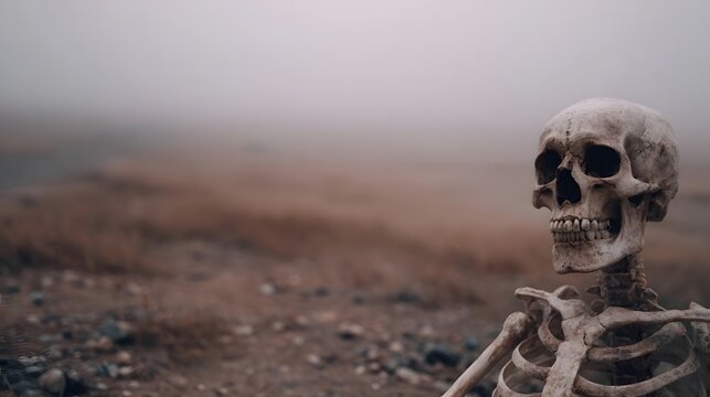 A skeleton rests in a desolate foggy landscape at dusk