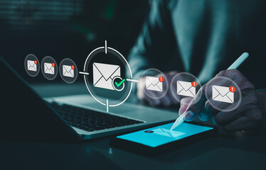 Email security and spam protection concept. Person using smartphone with icons of verified mail and warning envelopes, represent secure communication, inbox management, cybersecurity, e-mail filtering