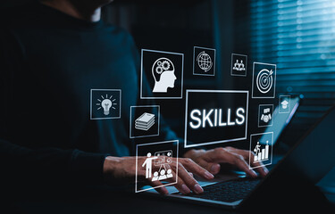 Skills development concept. Person using laptop with digital icons representing learning, training, knowledge, achievement, professional growth represent modern skill acquisition, personal development