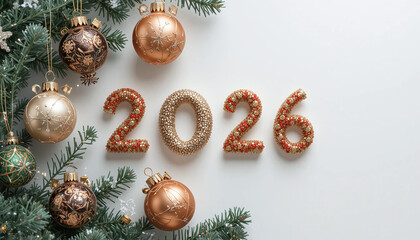Christmas composition with “2026” text surrounded by fir branches, ornaments, and holiday decor — perfect for festive prints and design