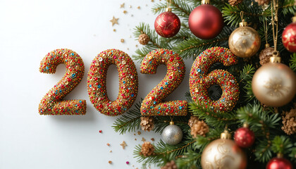 Christmas composition with “2026” text surrounded by fir branches, ornaments, and holiday decor — perfect for festive prints and design