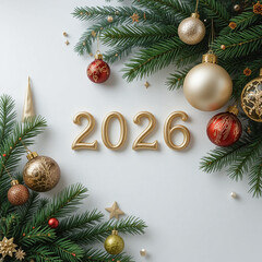 Christmas composition with “2026” text surrounded by fir branches, ornaments, and holiday decor — perfect for festive prints and design