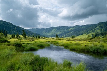 Obraz premium Wide view of a rewilded valley with lush greenery and flowing water