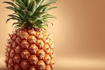 A close up image of a fresh ripe pineapple with green leaves