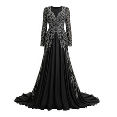 Naklejka premium Elegant long sleeve black gothic gown with intricate silver embroidery isolated on transparent background