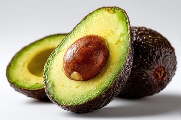 A sliced ripe avocado displaying its creamy green flesh
