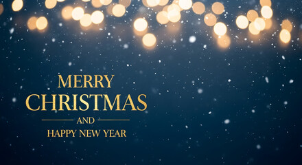 Merry Christmas and Happy New Year greeting on shimmering blue bokeh background. 