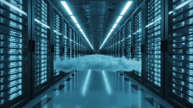 Data Center Cloud Computing Futuristic Server Room Technology Concept.