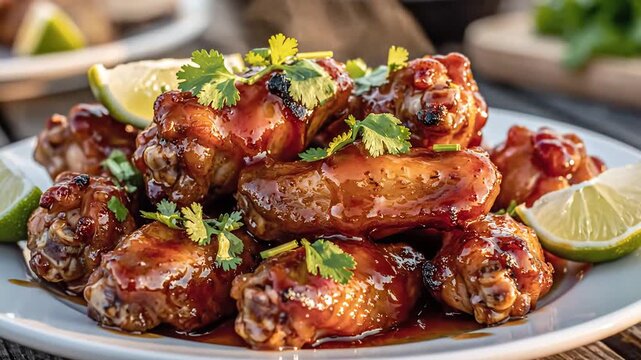 Delicious BBQ Chicken Wings Platter with Lime and Cilantro.