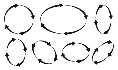 Rotating arrows black icon set. Update, replay, repeat, reload, reset symbol. Circle arrow sign.