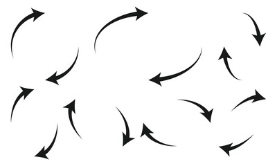 Black arrow isolated on white background, arrow png. A simple black arrow curving clockwise, indicating a circular movement on a white background.