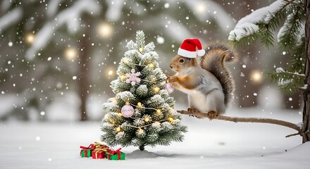 Christmas Squirrel: Cute Wild Animal in Santa Hat Decorating a Miniature Christmas Tree in a Snowy Winter Forest with Bokeh Lights