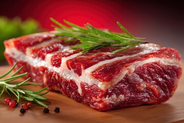 Close up of richly marbled beef steak with fresh rosemary