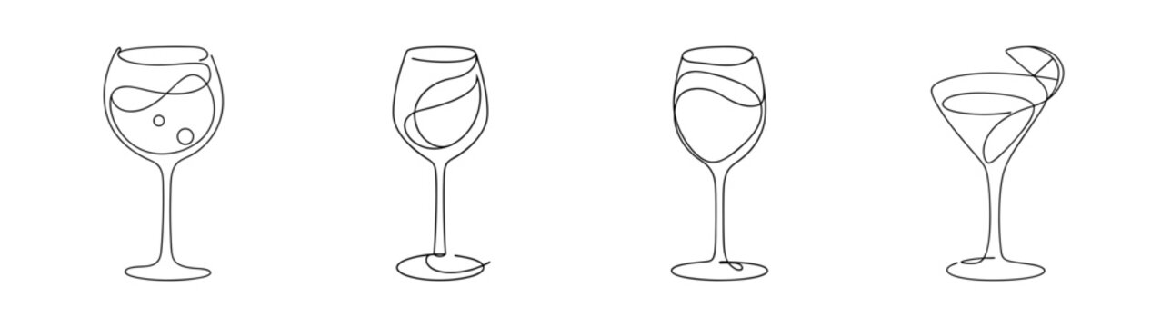Set of four abstract line drawings of wine glasses for drinks and cocktails