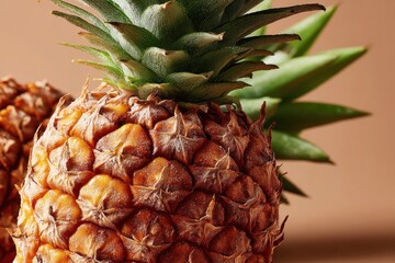 A close-up image of a ripe pineapple's spiky exterior