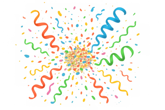 Colorful confetti explosion and flying streamers symbolizing celebration, joy, and festive events with transparent background