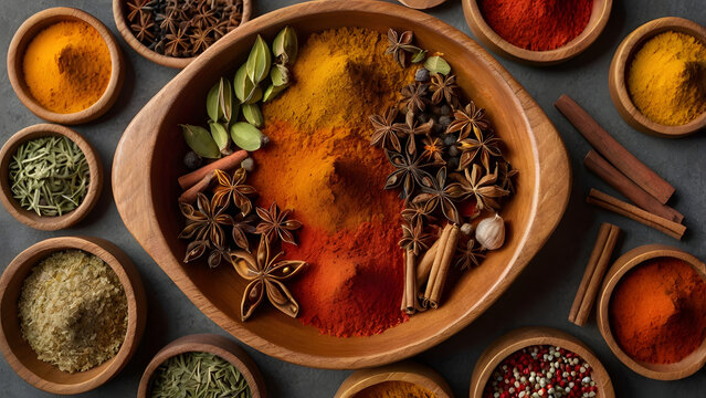 Circular arrangement of vibrant spice powders in wooden bowls captured from top angle on textured kitchen background