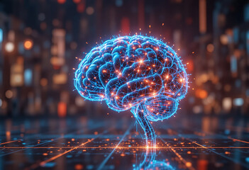 Futuristic glowing brain with neon neural connections, symbol of artificial intelligence, innovation, data processing and digital technology