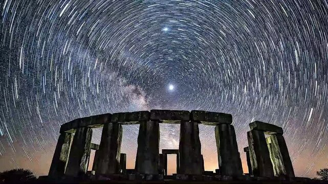 Time-Lapse Stars Night Sky, Stonehenge Ancient Monument Under the Night Sky with Star Trails