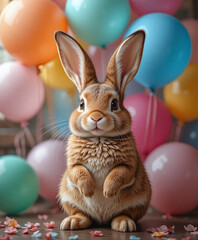 Cute bunny standing among colorful birthday balloons, perfect for children’s illustrations, greeting cards, posters, and creative projects
