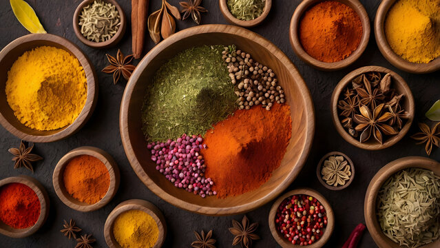 Top down view of colorful spices in wooden bowls arranged in circular pattern on textured background