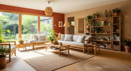 Stylish bohemian living room filled with natural light indoors
