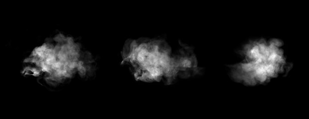 White smoke or mist cloud isolated on black background, realistic fog texture effect for photo editing, design overlay, or Halloween theme. Ideal for vapor, steam, or ghostly atmosphere visuals.