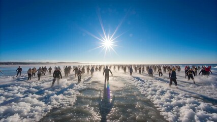 Polar bear plunge day crowd run into icy ocean and sea under bright sun, winter swimmers splash at sunrise with energy, joy, and dramatic spray