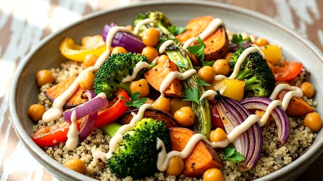 Colorful quinoa bowl with roasted vegetables and chickpeas, set on a rustic wooden table