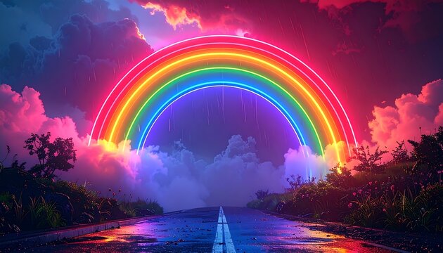 A vibrant neon rainbow arcs across a sky of stormy clouds, reflecting on a wet road. Bushes line the road's edges