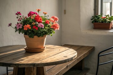 A potted flower arrangement on a wooden table in sunlight