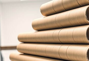 Stacked rolls of brown cardboard tubes in a clean, organized workspace