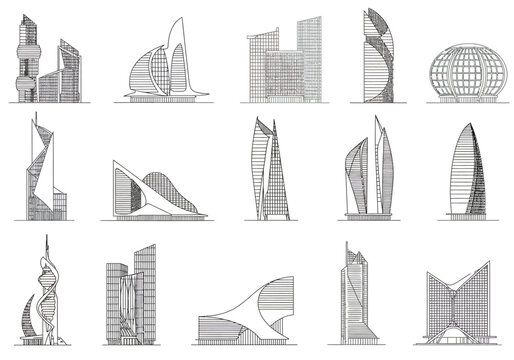 Fifteen architectural building outlines in a grid intricate detail and abstract designs