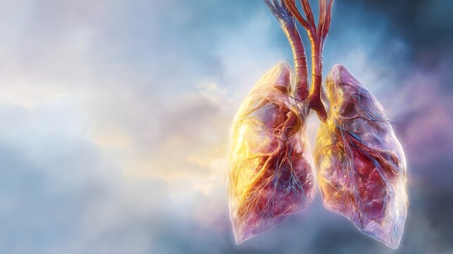 A vibrant  ic depiction of human lungs glowing with light and color against a cloudy sky background