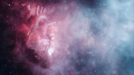 Fototapeta premium A glowing anatomical heart drifts through a cosmic nebula of pink and blue particles symbolizing life and emotion