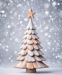 A rustic wooden Christmas tree stands elegantly against a frosty silver background, evoking a cozy holiday spirit.