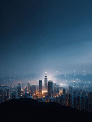 Night cityscape view with glowing network connections, symbolizing connectivity and future technology. Perfect for illustrating global communications and urban development concepts.