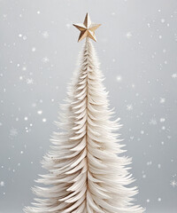 A rustic wooden Christmas tree stands elegantly against a frosty silver background, evoking a cozy holiday spirit.
