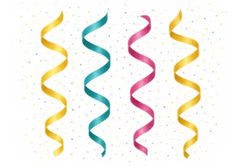 Colorful celebration streamers and falling confetti for festive event design on transparent background