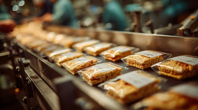 Food production line with rows of packaged savory crackers on a conveyor belt. The packages have blank white labels in an efficient factory setting.