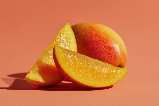 Close up of a sliced ripe mango on a peach colored background