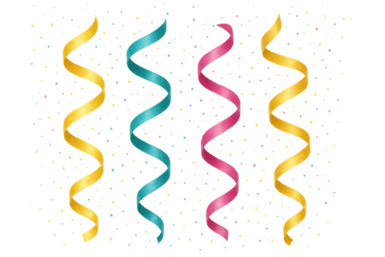 Colorful celebration streamers and falling confetti for festive event design on transparent background