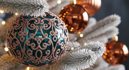 Close-up of a teal and glitter gold Christmas ornament on a frosted white tree with warm bokeh lights, festive holiday decoration