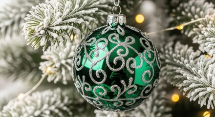 Green Christmas ornament with silver glitter on frosted tree