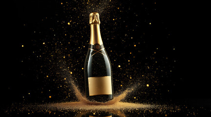 Champagne bottle with sparkling effects, luxury celebration, golden dust on black background
