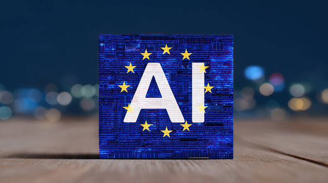 Glowing artificial intelligence text overlays European map featuring circuit patterns and symbolic golden stars.